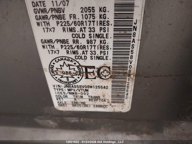Продаж на аукціоні авто 2008 Nissan Rogue S/sl, vin: JN8AS58V08W125542, номер лоту: 12521922