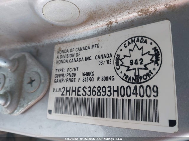 12521932 :رقم المزاد ، 2HHES36893H004009 vin ، 2003 Acura 1.7el Premium مزاد بيع