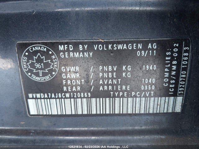 12521934 :رقم المزاد ، WVWDA7AJ8CW120869 vin ، 2012 Volkswagen Golf 2.5l Comfortline/2.5l Highline/2.5l Sportline/2.5l Trendline مزاد بيع