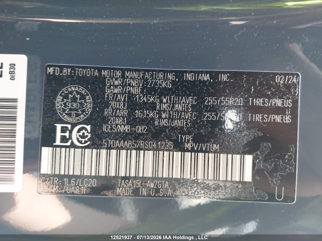 Продажа на аукционе авто 2024 Toyota Grand Highlander Limited, vin: 5TDAAAB57RS041235, номер лота: 12521937