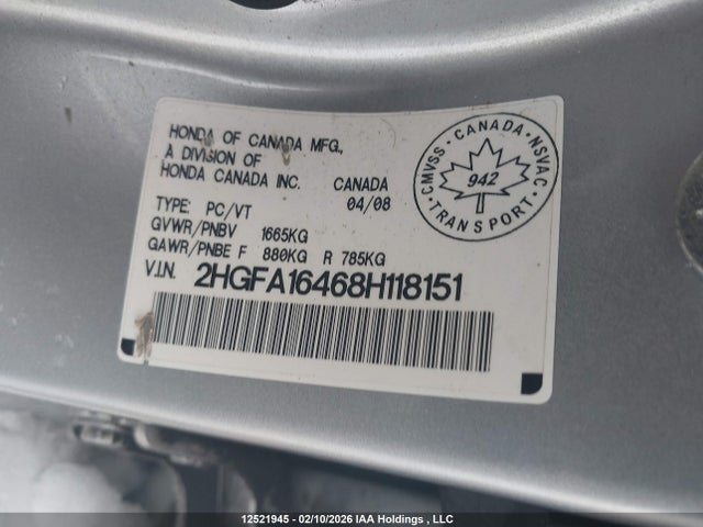 Продаж на аукціоні авто 2008 Honda Civic Dx-g, vin: 2HGFA16468H118151, номер лоту: 12521945