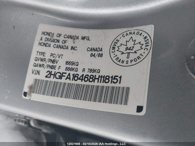 Продаж на аукціоні авто 2008 Honda Civic Dx-g, vin: 2HGFA16468H118151, номер лоту: 12521945