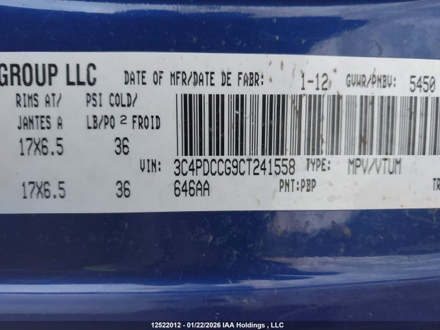 2012 Dodge Journey Sxt მანქანა იყიდება აუქციონზე, vin: 3C4PDCCG9CT241558, აუქციონის ნომერი: 12522012