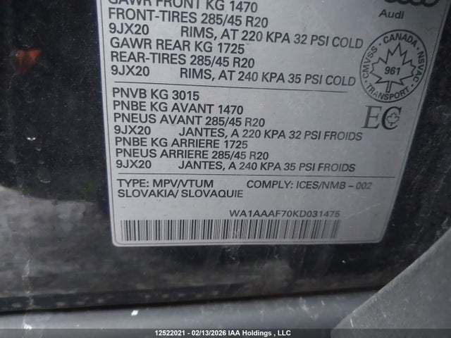 WA1AAAF70KD031475 Audi Q7