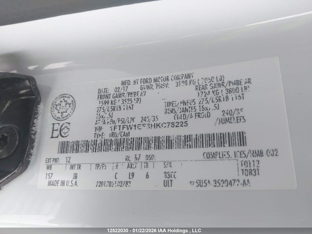 Продаж на аукціоні авто 2017 Ford F150 Supercrew, vin: 1FTFW1EF3HKC78225, номер лоту: 12522030