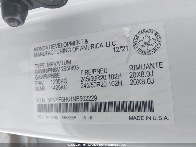 Honda Pilot Touring 7p 2022 5FNYF6H61NB502229 Image 18