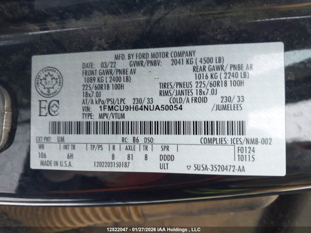 1FMCU9H64NUA50054 Ford ESCAPE SEL