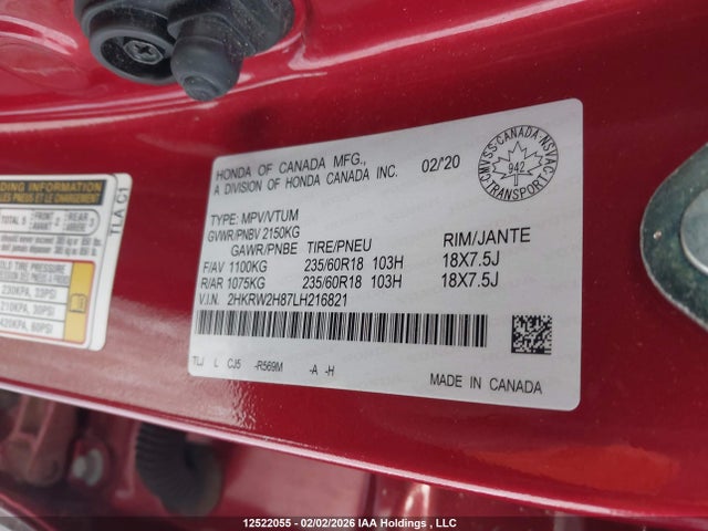 2HKRW2H87LH216821 Honda Cr-v Ex-l