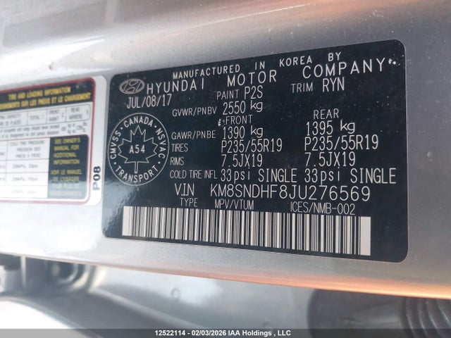 KM8SNDHF8JU276569 Hyundai Santa Fe Xl Limited