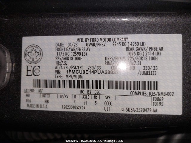 1FMCU0E14PUA28837 Ford Escape