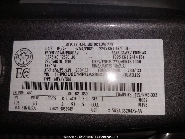 1FMCU0E14PUA28837 Ford Escape