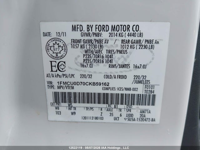 Продаж на аукціоні авто 2012 Ford Escape Xlt, vin: 1FMCU0D70CKB59162, номер лоту: 12522119