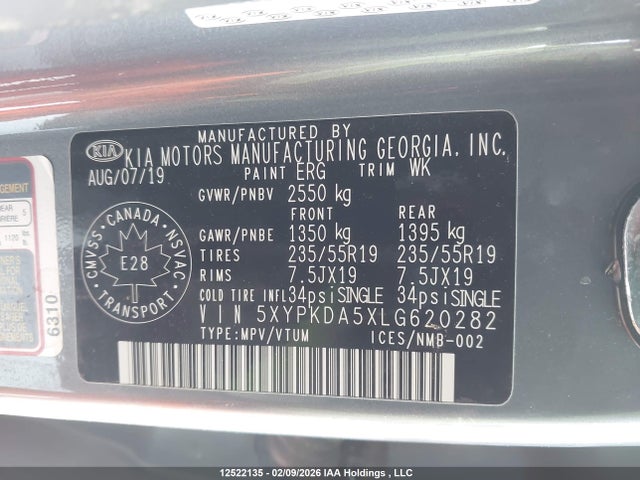 Продажа на аукционе авто 2020 Kia Sorento 3.3l Sx, vin: 5XYPKDA5XLG620282, номер лота: 12522135
