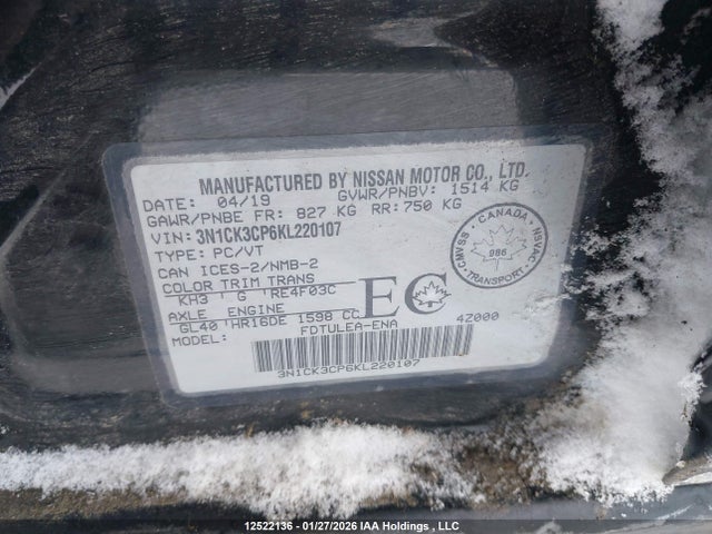 12522136 :رقم المزاد ، 3N1CK3CP6KL220107 vin ، 2019 Nissan Micra مزاد بيع