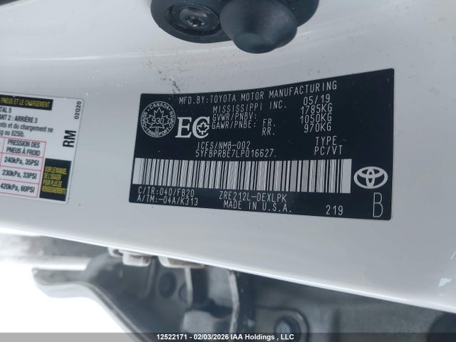 12522171 :رقم المزاد ، 5YFBPRBE7LP016627 vin ، 2020 Toyota Corolla Le مزاد بيع