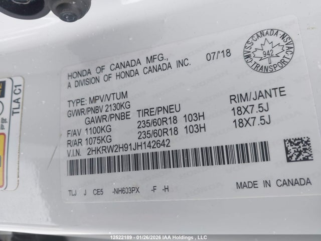 2HKRW2H91JH142642 Honda Cr-v Touring
