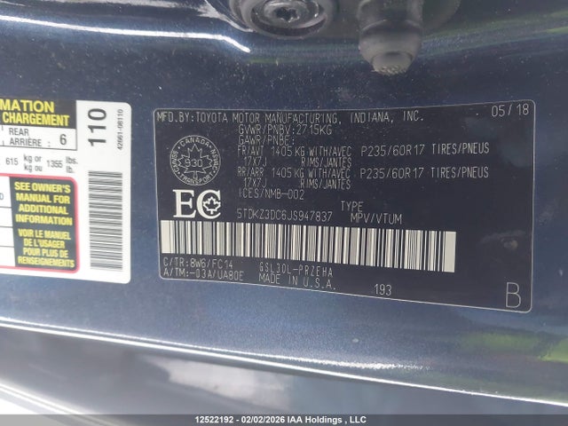 5TDKZ3DC6JS947837 Toyota Sienna Le 8-passenger