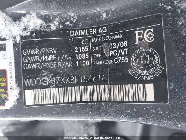 12522205 :رقم المزاد ، WDDGF87XX8F154616 vin ، 2008 Mercedes-benz C 350 4matic مزاد بيع