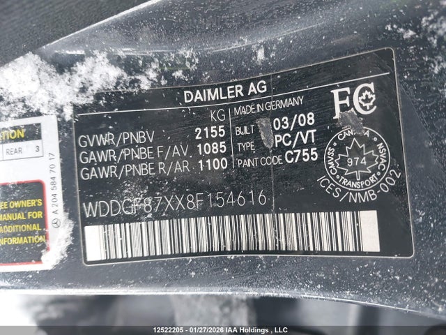 12522205 :رقم المزاد ، WDDGF87XX8F154616 vin ، 2008 Mercedes-benz C 350 4matic مزاد بيع