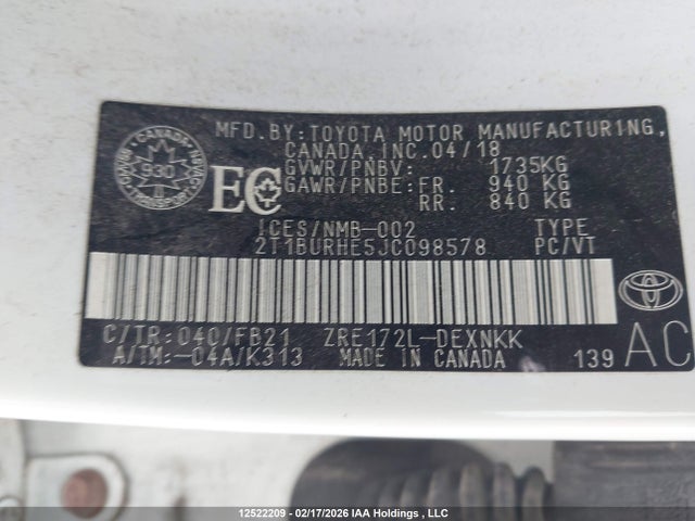 2T1BURHE5JC098578 Toyota Corolla