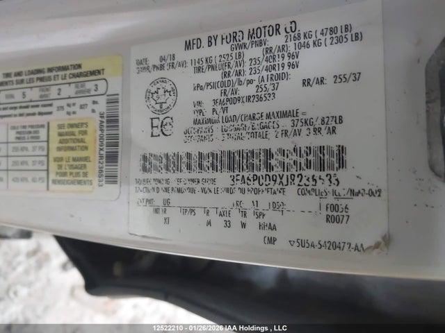 12522210 :رقم المزاد ، 3FA6P0D9XJR236533 vin ، 2018 Ford Fusion Titanium/platinum مزاد بيع