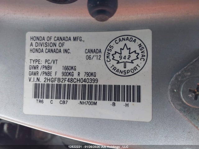 2012 Honda Civic Lx მანქანა იყიდება აუქციონზე, vin: 2HGFB2F48CH040399, აუქციონის ნომერი: 12522221