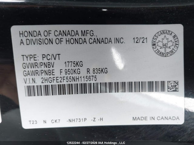 Aukcja sprzedaży 2022 Honda Civic Sport, vin: 2HGFE2F55NH115675, numer aukcji: 12522244