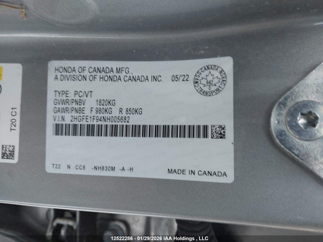 12522286 :رقم المزاد ، 2HGFE1F94NH005682 vin ، 2022 Honda Civic Touring مزاد بيع