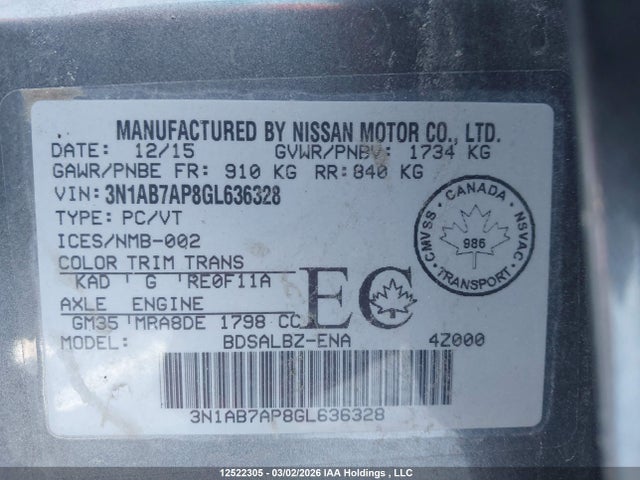 3N1AB7AP8GL636328 Nissan Sentra S/sv/sr/sl