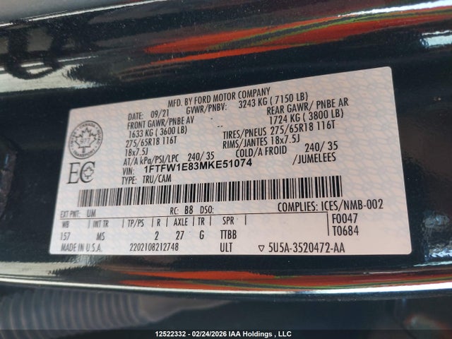 Продаж на аукціоні авто 2021 Ford F150 Supercrew, vin: 1FTFW1E83MKE51074, номер лоту: 12522332