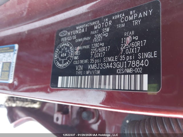 KM8J33A43GU178840 Hyundai Tucson Limited/sport And Eco/se