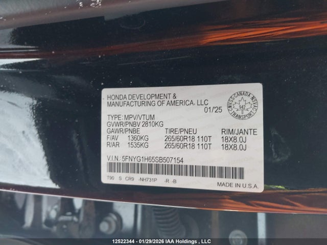 Продажа на аукционе авто 2025 Honda Pilot Trailsport, vin: 5FNYG1H65SB507154, номер лота: 12522344