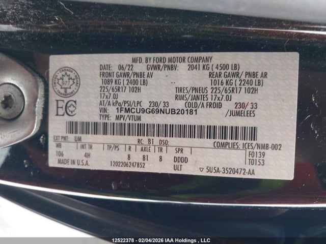 1FMCU9G69NUB20181 Ford ESCAPE SE
