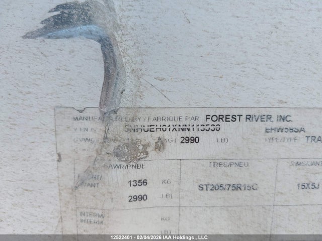 12522401 :رقم المزاد ، 5NHUEH01XNN113536 vin ، 2022 Forest River Cargo مزاد بيع