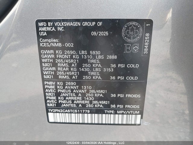 Aukcja sprzedaży 2026 Volkswagen Atlas, vin: 1V2FN2CA5TC511779, numer aukcji: 12522430