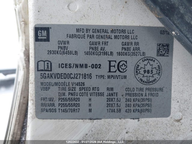 Aukcja sprzedaży 2012 Buick Enclave, vin: 5GAKVDED0CJ271816, numer aukcji: 12522432
