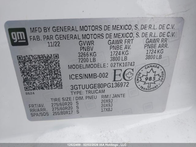 Aukcja sprzedaży 2023 Gmc Sierra 1500, vin: 3GTUUGE80PG136972, numer aukcji: 12522459