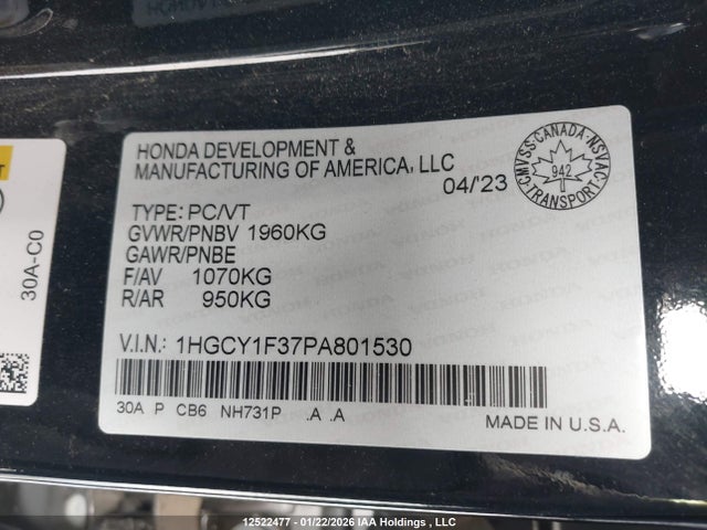 1HGCY1F37PA801530 Honda l15be