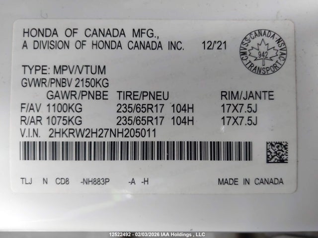 2HKRW2H27NH205011 Honda CR-V