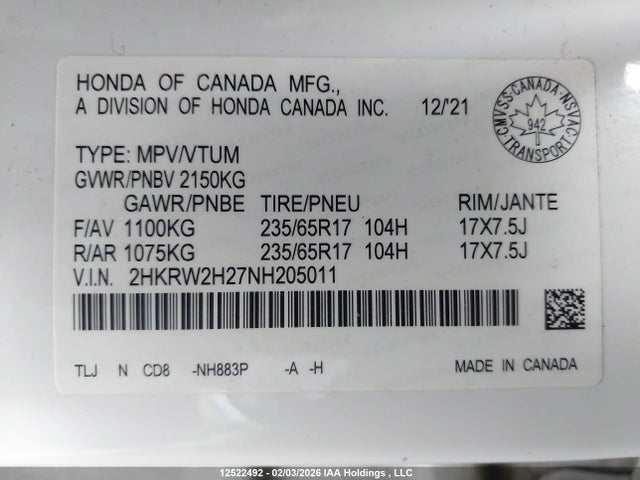 2HKRW2H27NH205011 Honda CR-V