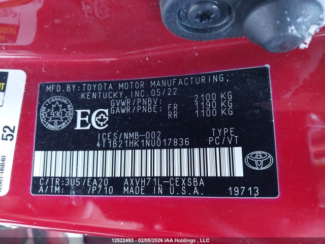 4T1B21HK1NU017836 Toyota Camry Hybrid Se