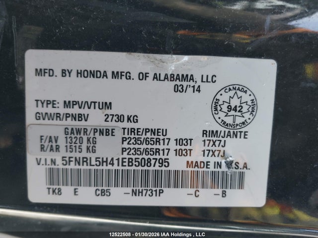 Aukcja sprzedaży 2014 Honda Odyssey, vin: 5FNRL5H41EB508795, numer aukcji: 12522508