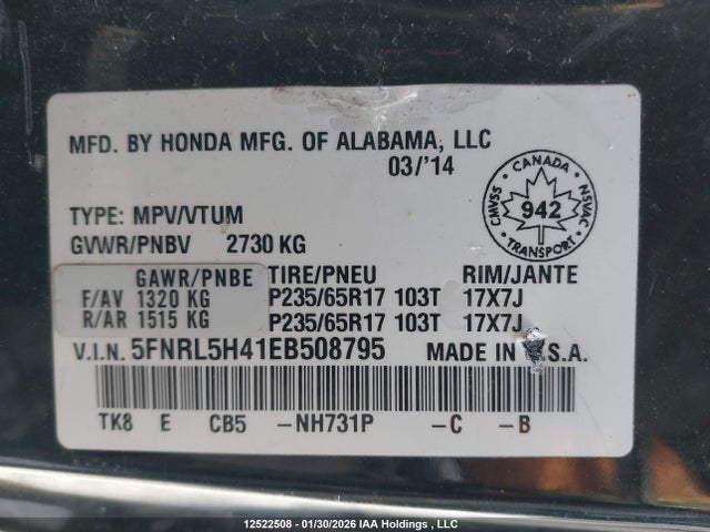 Aukcja sprzedaży 2014 Honda Odyssey, vin: 5FNRL5H41EB508795, numer aukcji: 12522508