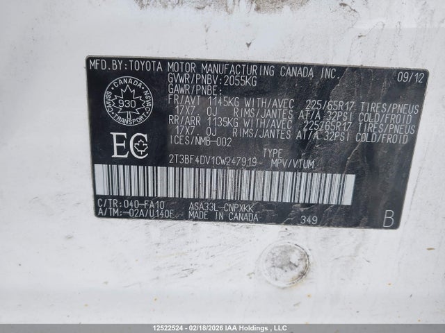 2012 Toyota Rav4 მანქანა იყიდება აუქციონზე, vin: 2T3BF4DV1CW247919, აუქციონის ნომერი: 12522524