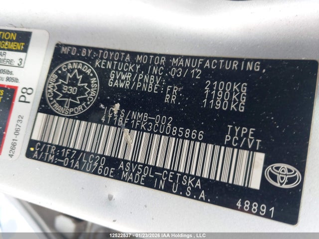 12522537 :رقم المزاد ، 4T1BF1FK3CU085866 vin ، 2012 Toyota Camry Se/le/xle مزاد بيع