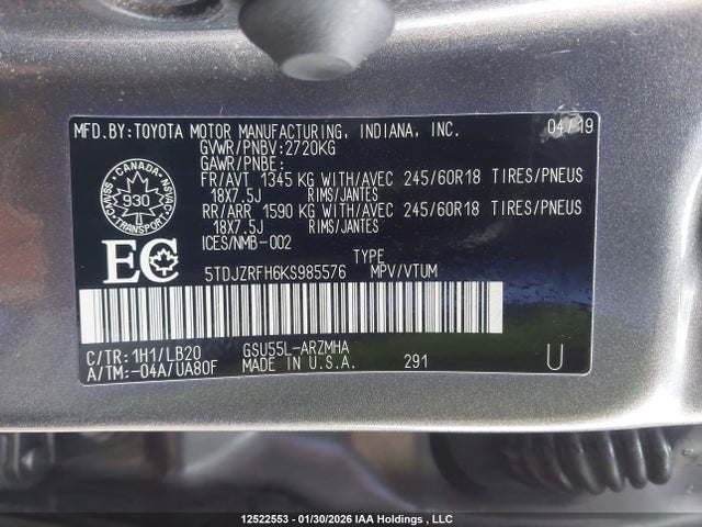 5TDJZRFH6KS985576 Toyota Highlander Se/xle