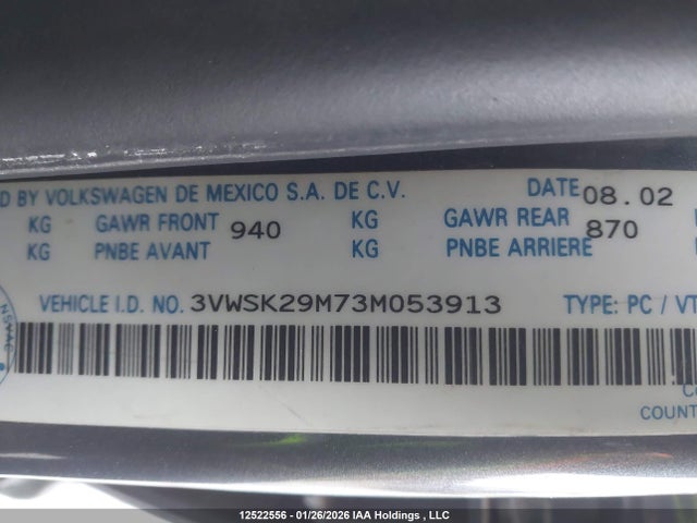 12522556 :رقم المزاد ، 3VWSK29M73M053913 vin ، 2003 Volkswagen Jetta Gls 2.0l مزاد بيع