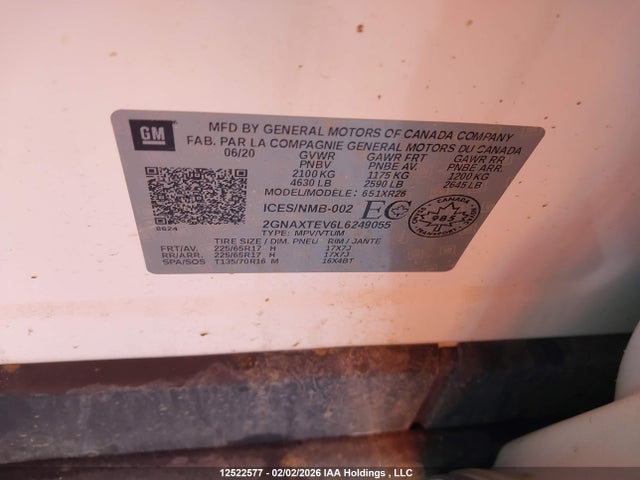 Продажа на аукционе авто 2020 Chevrolet Equinox Lt, vin: 2GNAXTEV6L6249055, номер лота: 12522577