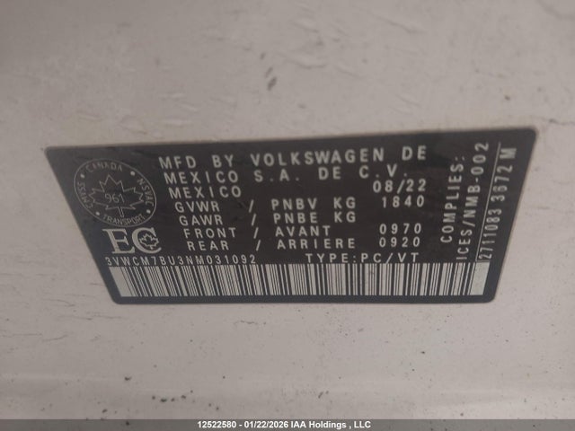 3VWCM7BU3NM031092 Volkswagen JETTA S
