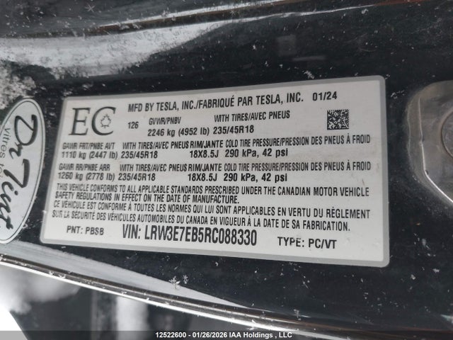 Aukcja sprzedaży 2024 Tesla Model 3 Long Range, vin: LRW3E7EB5RC088330, numer aukcji: 12522600